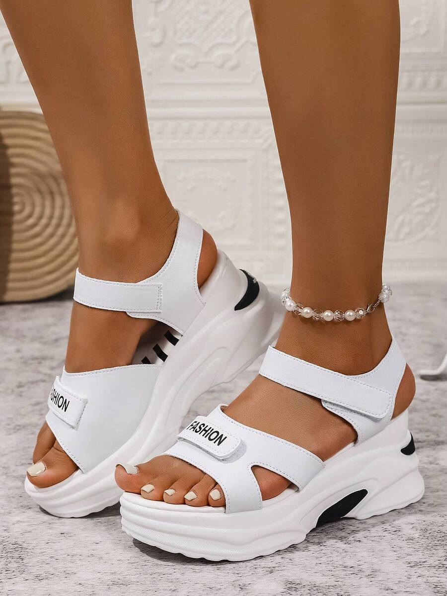 Sports Style Women's Sandals, 2025 Summer New Rhinestone Hook-And-Loop Open Toe Thick Bottom Wedge Sandals - White - View 1