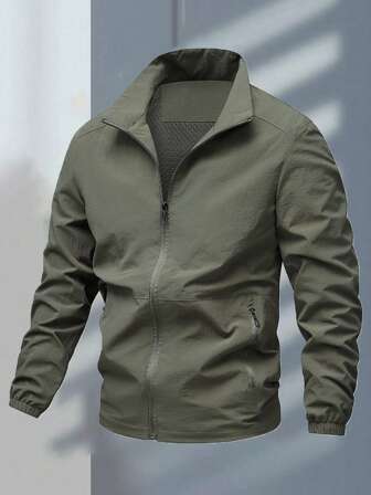 Men's Classic Solid Color Turndown Collar Outdoor Casual Jacket, Suitable For Autumn