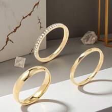 Set de 3 anillos de mujer de 3mm de aleación de acero inoxidable y color dorado con diamantes, anillos de pareja aptos para uso diario, reuniones, fiestas, regalo del Día de San Valentín