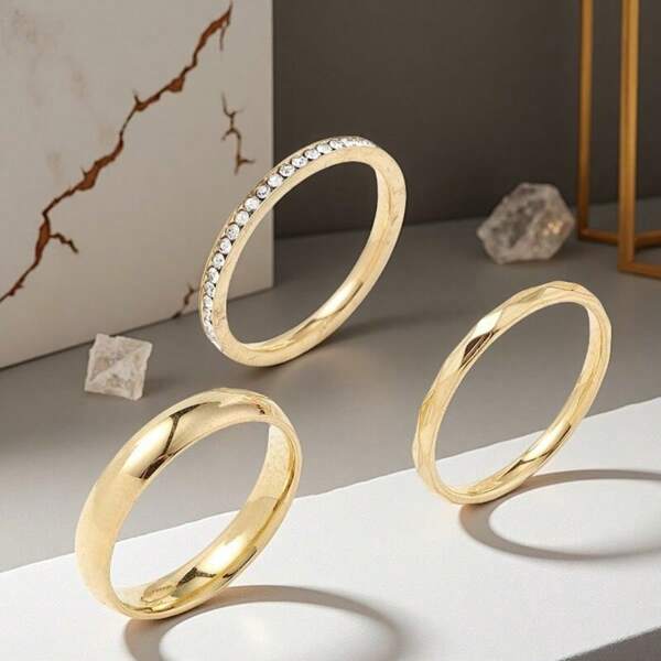 Set de 3 anillos de mujer de 3mm de aleación de acero inoxidable y color dorado con diamantes, anillos de pareja aptos para uso diario, reuniones, fiestas, regalo del Día de San Valentín