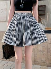 Women's Pleated Plaid Skirt With Lining, Casual Cute Sexy Party Tie Bow Ruffle Hem Mini Skirt