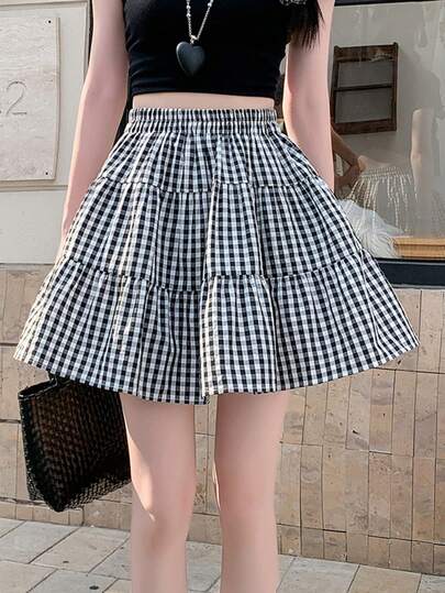 Women's Pleated Plaid Skirt With Lining, Casual Cute Sexy Party Tie Bow Ruffle Hem Mini Skirt