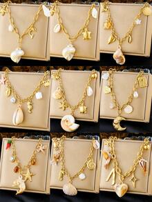 1 Stück kreativ und personalisiertes Meereslebens-Accessoire, inklusive Muscheln, Jakobsmuscheln, Seesterne, Krabben, Schildkröten, herzförmiger Mondanhänger, Kette, Edelstahl-Halskette