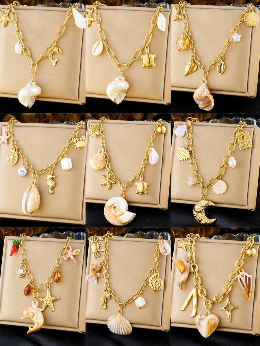 1 Stück kreativ und personalisiertes Meereslebens-Accessoire, inklusive Muscheln, Jakobsmuscheln, Seesterne, Krabben, Schildkröten, herzförmiger Mondanhänger, Kette, Edelstahl-Halskette