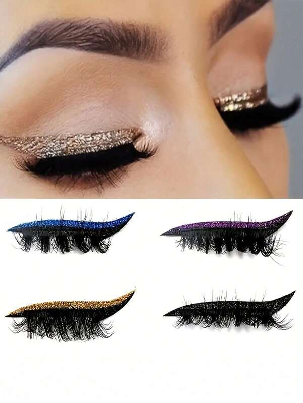 1 Pair Glitter Self-Adhesive Eyeliner And False Eyelashes Set - Waterproof, No Glue Required, Suitable For Party And Stage Makeup Strip Lashes,Lashes,Eyelashes,Fake Lashes