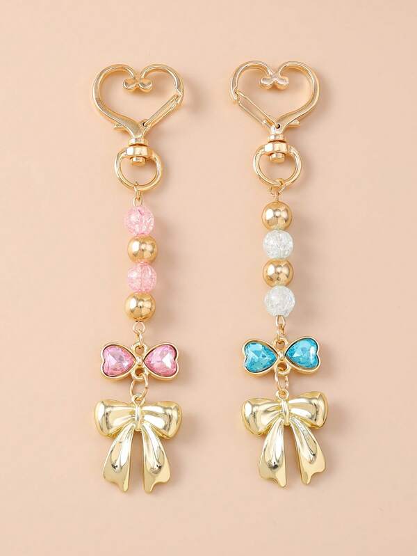 1pc Elegant Beaded Heart & Bow Keychain, Versatile Everyday Accessory For Men And Women