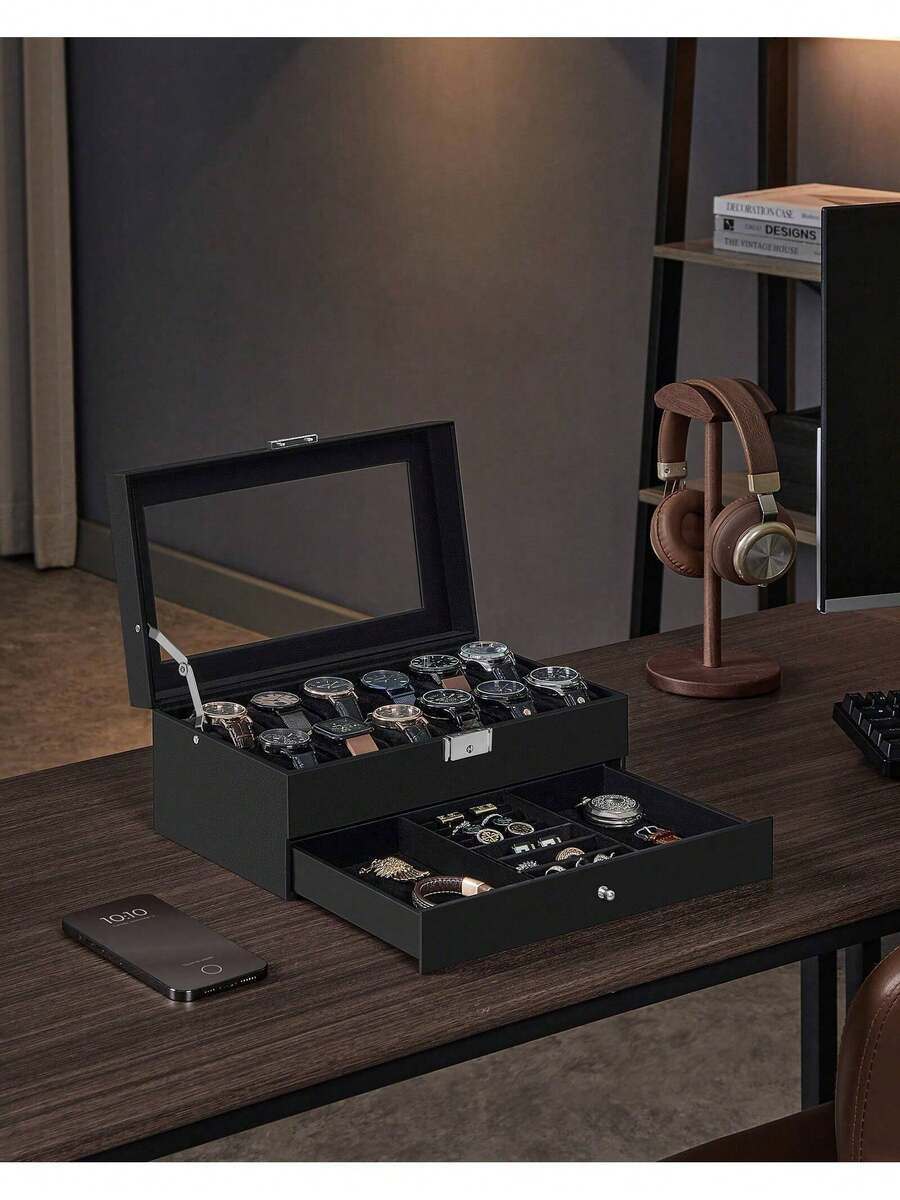 Watch Box, Watch Case With Glass Lid, 2-Tier Watch Display Case For 12 Watches, Lockable, 1 Drawer, For Rings, Bracelets, Gift Idea, Black Synthetic Leather, Black Lining Back To School Dormitory Storage - Black + Black - View 1