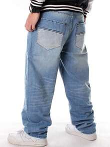 Men's Casual Jeans And Pants, Men's Solid Color Basic Loose And Oversized Street Dance Clothing, Skateboarding Hip-Hop Straight Leg Jeans, Suitable For All Seasons - 淺色水洗藍 - 查看 5