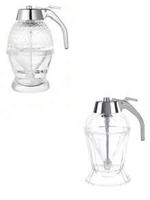 [带底座防漏] 蜂蜜分配瓶，带滴漏的玻璃挤压壶，水晶罐糖浆果汁分配器，家用按压式分配器带底座