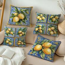 4pcs Retro Watercolor Lemon Pattern Decorative Throw Pillow Covers [Without Pillow Inner], 17.7*17.7in (45*45cm), [Single-Sided Print] Farmhouse Style Polyester Cushion Covers For Sofa, Bed, Living Room, Bedroom, Car, Office, Hotel Decoration, Suitable For All Seasons, Perfect Gift For Family And Friends