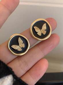 Set de 5 pendientes de mariposa y flores redondos vintage en negro, diseño minimalista y único, adecuado para uso diario y ocasiones, otoño/invierno
