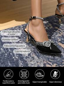 GlamourGrip Zapatillas de tacón elegantes para mujer con lazo brillante, tacones altos puntiagudos de punta estrecha y tacón grueso, zapatos cómodos de mujer tipo slingback con tira en el tobillo, tacones elegantes combinables con vestidos y ropa formal para fiestas, trabajo, citas, vacaciones, Halloween y Navidad