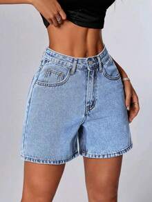 Women's High Waist Versatile Denim Shorts, Vintage Wash, Loose Fit, Knee Length Casual Retro Style Jeans Shorts, Summer Fashion