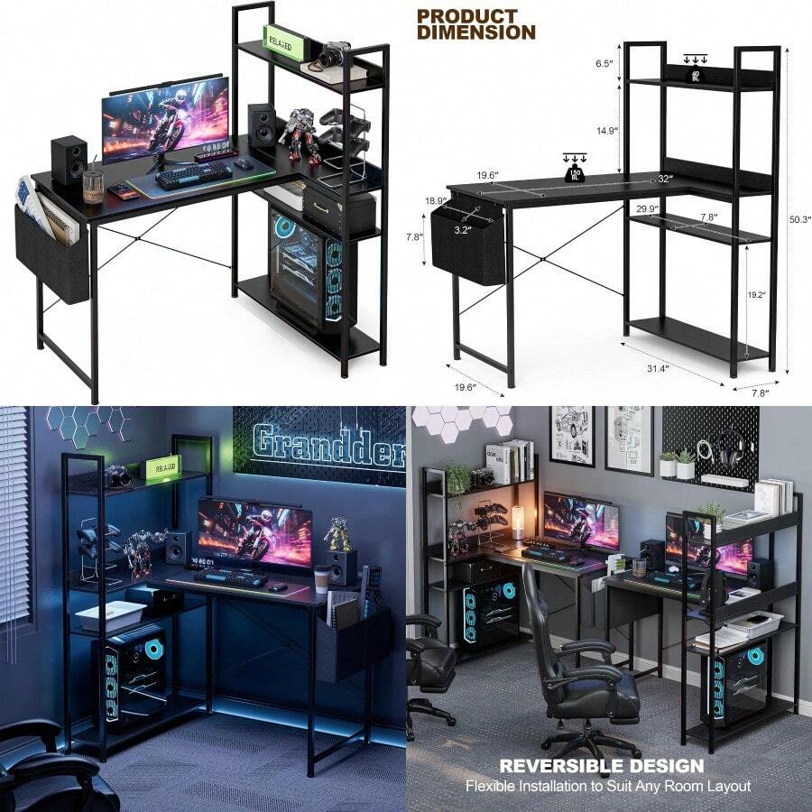 100x80 Cm L Shaped Gaming Desk With Reversible Storage Shees Computer Desk Home Office Corner Study Writing Table With Hutch Study Black - Black - View 1