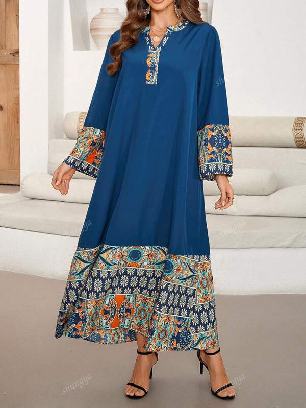 Vestido midi con estampado de retazos, cuello en V, mangas hasta el medio y elegante, vestido modesto tipo kaftan