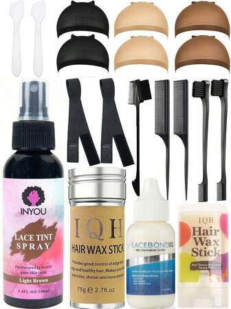  19 Pcs Hair Wax Kit, Waterproof Lace Wig Glue (Include Light Brown Lace Tint Spray,75g IQH Hair Wax Stick,Lace Glue,2pcs Elastic Band,2pcs Hair Brush,2pcs Hair Combs,2pcs White Spoon Accessory,1Pc Edge Grooming Comb,3 Colors Wig Cap Each 2pcs,15g Hair Wax Stick)