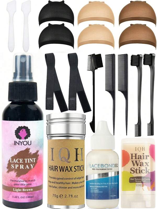 IQH 19 Peças Conjunto de Cera de Cabelo, Cola à Prova d'Água para Peruca de Renda (Incluindo Spray Tintado de Renda Castanho Claro, Barra de Cera de Cabelo IQH 75g, Cola para Renda, 2 peças Faixa Elástica, 2 peças Escova de Cabelo, 2 peças Pente de Cabelo, 2 peças Acessório de Colher Branca, 1 Peça Pente Modelador de Franja, 2 peças de Touca para Peruca de 3 Cores Cada)