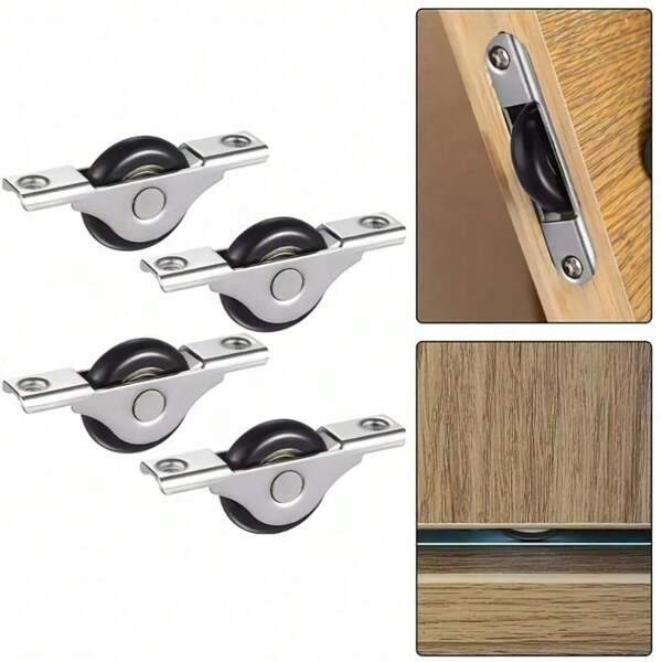 4/8pcs Heavy-Duty Metal Sliding Door Rail Kits With 4 Black Plastic Wheels - Easy-Glide Cabinet Door Fittings For Smooth Sliding, Durable Hardware For Home & Commercial Use