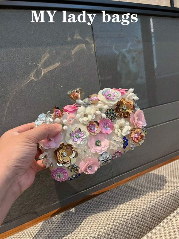 Bolso de mano de fiesta popular, bolso de mano con estampado floral, bolso de noche con decoración de flores con cuentas, bolso de hombro con correa de cadena para mujeres