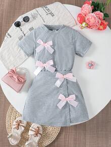 Girls Summer Fashion Bow Decor Suit, Round Neck Short Sleeve Top + Asymmetric Hem Skirt, Casual Outdoor T-Shirt Set Suitable For 4-7 Years Old Girls, Daily, Outdoor, Street, Campus & Party Wear - Grey - View 3