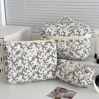3 PiecesMakeup Bag Quilted Makeup Bag Silk Ribbon Makeup Bag Set Flower Travel Washbag
