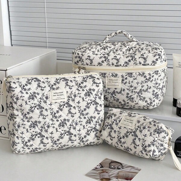 3 PiecesMakeup Bag Quilted Makeup Bag Silk Ribbon Makeup Bag Set Flower Travel Washbag