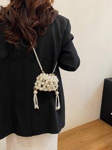 Cute Mini Purse Women Fashionable Beaded Silver Color Crossbody Coin Lipstick Bag