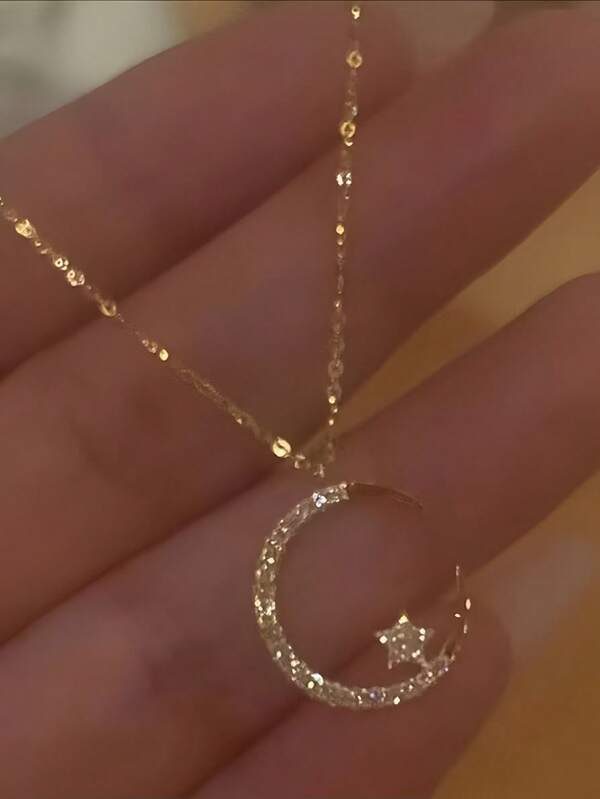 1 Stück einfache luxuriöse Halskette mit Strass Anhänger in Stern- und Mondform, geeignet für Damen für den täglichen, Feier- oder Partytragen