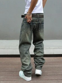 Men's Y2K Distressed Ripped Jeans Mid-Rise Full Length Slim Fit Streetwear - 中等水洗藍 - 查看 4