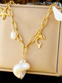 1 Stück kreativ und personalisiertes Meereslebens-Accessoire, inklusive Muscheln, Jakobsmuscheln, Seesterne, Krabben, Schildkröten, herzförmiger Mondanhänger, Kette, Edelstahl-Halskette