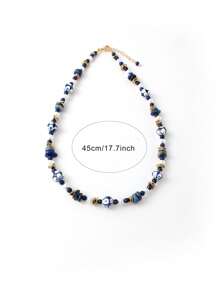 3 Stücke Vintage Keramik Schmuckset, handgefertigtes blau-weißes Porzellan mit Halskette aus Naturstein, Perlenarmband & Ohrringe, geeignet für Damen Alltags- und Festivaloutfits, Frühling/Sommer