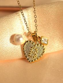 MECYLIFE 1pc Lovely Mom Gift Faux Pearl & Crystal Heart Initial Letter Necklace - Heart Letters - View 4