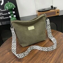 Women's Corduroy Shoulder Bag - Soft Plush Solid Color, Casual Handbag, Bohemian Wide Shoulder Belt, Lightweight Messenger Bag, Suitable For Daily, Shopping And Travel | Polyester Lining, Zipper Opening And Closing, Adjustable Shoulder Belt, Cosmetics And Key Storage