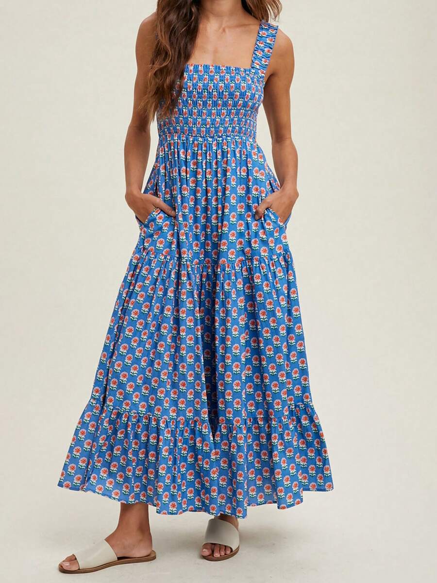Women Floral Tank Dress Smocked Square Neck Sleeveless Backless A-Line Long Tiered Ruffle Dress With Pockets - Blue - View 1