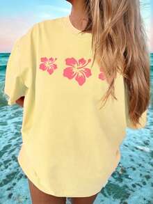 Women Y2k Oversized Graphic Tees Floral Print Short Sleeve Crewneck T Shirts Loose Fit Summer Going Out Tops For Teen Girls Aesthetic Clothes 2000s Beach Shirts For Women Streetwear - Màu vàng - Xem 1