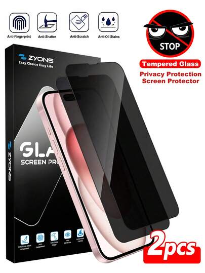 ZYONS 2 件 隐私屏幕保护膜，防偷窥钢化玻璃保护壳，防刮、防震、防油，适用于 17 Pro Max、17 Air、16 Pro Max、16 Pro、16 Plus、16、16E、15 Pro Max、14 Pro Max、13 Mini、12、11、XS MAX、XR、X、8、8Plus、7、7Plus 系列