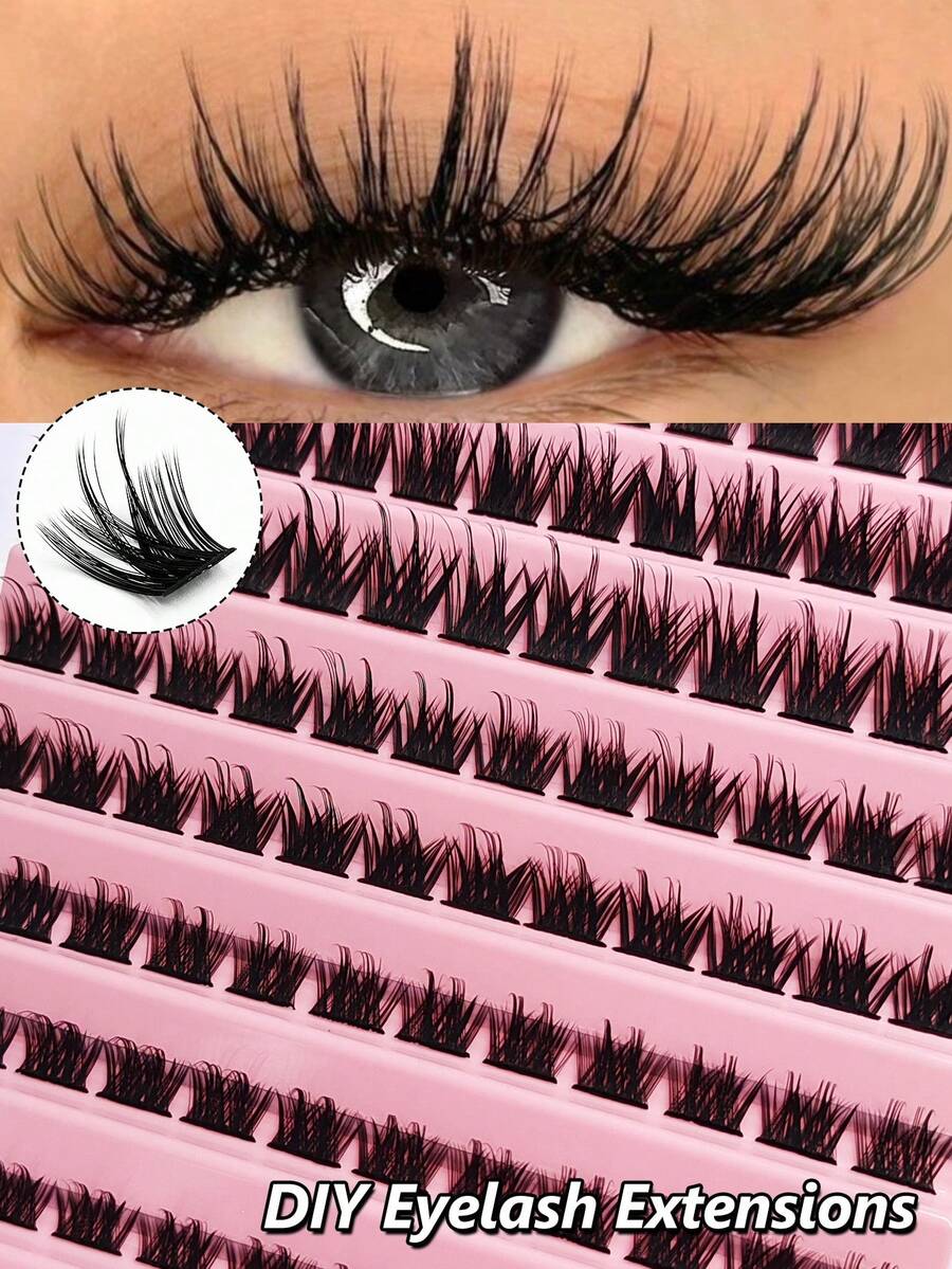 Rikuaild 120pcs D Curl Cluster Lashes 8-16mm Mixed Tray Wispy Individual Lashes Natural Cross Lashes 3D Fluffy Segmented Cluster Lashes Manga Cluster Lashes Thin Band DIY Eyelash Extension Travel&Daily Makeup - 黑色 - 查看 1