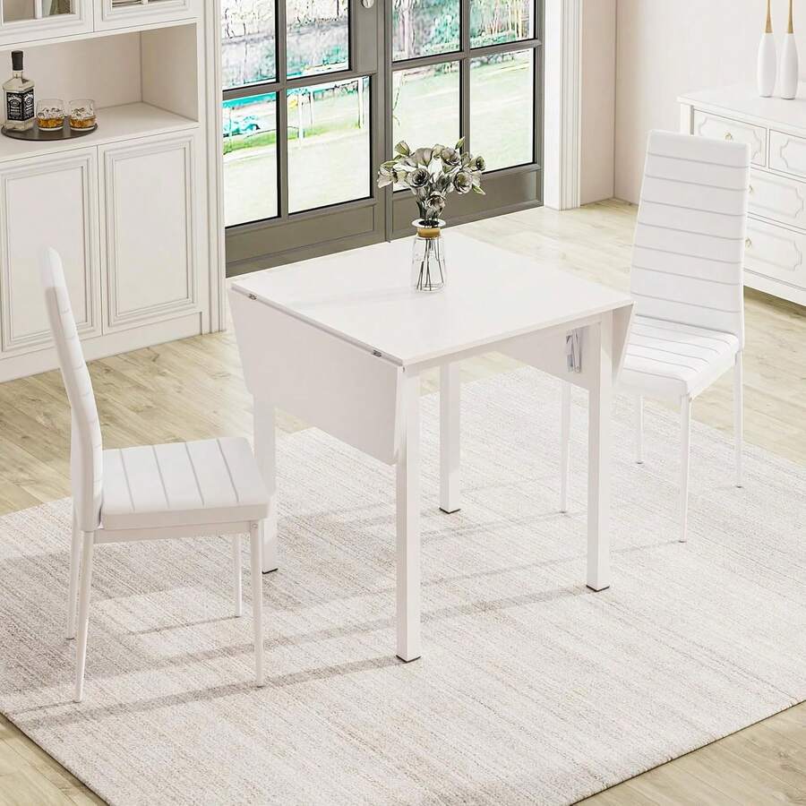 Dining Table And Chairs Set Of 4, Drop Leaf Folding White Kitchen Table With White PU Leather High Back Chairs For Dining Room, Kitchen