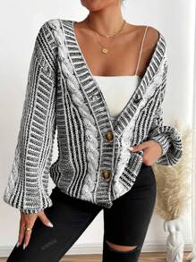 Mature & Elegant European Style Fashion Colorblock Loose Fit Plus Size Women Cardigan, Versatile Long Sleeve Knit Sweater