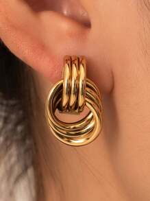 1pair Bridal Exaggerated Simple Stylish Asymmetrical Summer Hollow Hoop Out Several Circle Round Entwined Texture Mixed Multilayer Circle Twist Knot Gold Color Earrings Multi-Layered Wrap Stud Earrings For Women Wedding Party Banquet Gift Jewelry