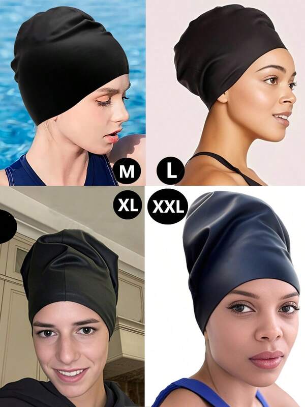 Extra große Silikon Schwimmkappe für Zöpfe und lange Haarverlängerungen, wasserdichte Badekappe für Pools und Duschen, geeignet für Erwachsene um Haare trocken zu halten, einfach an- und auszuziehen, passend für verschiedene Haarlängen und -Stile inklusive kurz, mittel, lang, Zöpfe, Wellen, Locken und Afro-Haar. Erhältlich in 5 Größen: S-M-L-XL-XXL, Farbe Schwarz, Unisex, Strandutensilien, Strandaccessoires, Poolzubehör
