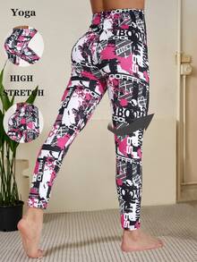 Women's Casual Fashion Black Leggings With Pink Tie-Dye Letter Print, Stretchy Skinny Pants For Fitness Training, Yoga, Home, Outdoor Activities, Hiking, Camping, Travel - Black and Red - View 1