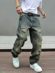 Men's Y2K Distressed Ripped Jeans Mid-Rise Full Length Slim Fit Streetwear - 中等水洗藍 - 查看 5