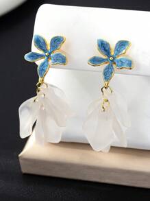 1 Pair Delicate Fashion Blue Flower Drop Earrings, Elegant Petals Pendant Earrings, Chic And Luxurious Design For Women, Suitable For Daily And Party Occasions