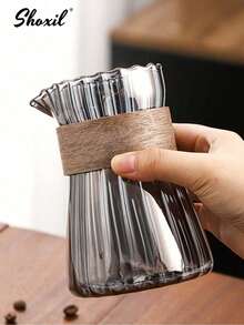 shoxil 1pc 500ml Heat Resistant Glass Coffee Pot, Vertical Stripe Borosilicate Glass Coffee Server, Tea Pot With Wooden Ring, Coffee Cup, Tea Cup - Light Grey - View 2