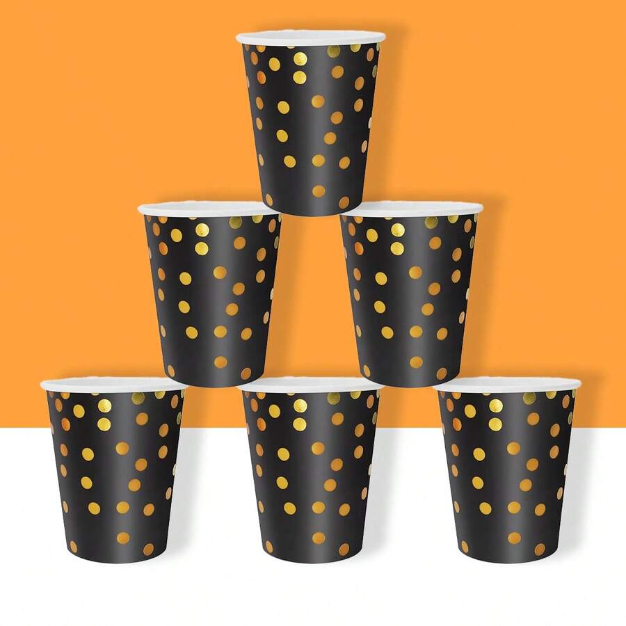 10/20pcs Black & Gold Foil Disposable Paper Cups, 9oz Black & Gold Polka Dot Coffee Cups, Bulk For Wedding, Party Supplies Can Serve 10/20 People - Multicolor - View 1