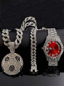 Luxury Alloy Men's Quartz Watch, With Rhinestone Rhinestone Crystal And Date, Paired With A Hip-Hop Pair It With A Football Pendant Full Of Rhinestones Cuban Necklace And Bracelet Set - Necklace Set - View 13