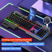Wired 104 Keys Rainbow RGB Backlit Gaming Mechanical Keyboard, Metal Volume Knob, Multimedia Keys, With Phone And Lighter Holder, Free Removable Wrist Rest, Thickened Metal Panel, For Windows Laptop PC , Gaming Office Universal, Black