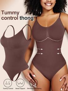 Women's Smooth Shapewear Slimming Bodysuit Tummy Control Body Shaper Jumpsuit With High Cut Thong, Flat Belly Sheath Design, Sculpting Waist Trainer Body Suit, Snatched Fit Plus Size Tops - 棕色 - 查看 2