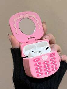 Ốp lưng silicon màu hồng kiểu dáng điện thoại gập cho Apple Pro 2 4 3, 1 chiếc, dễ thương, mềm mại, tương thích với tai nghe Bluetooth của Apple, có gương trang điểm, thích hợp làm quà tặng sinh nhật. - Hồng - Xem 3